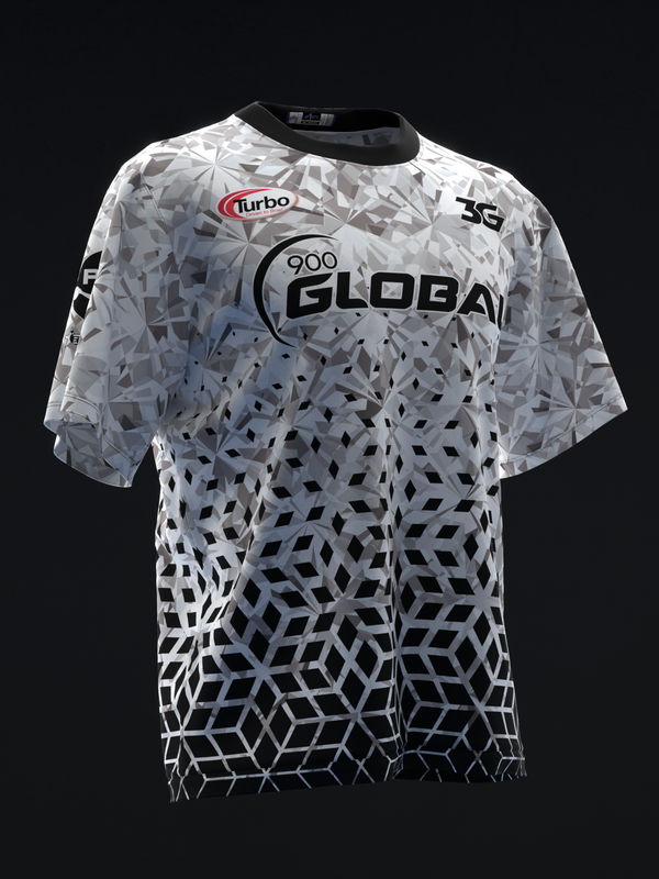 White and black geometric bowling jersey with Turbo and 900 Global logos front view
