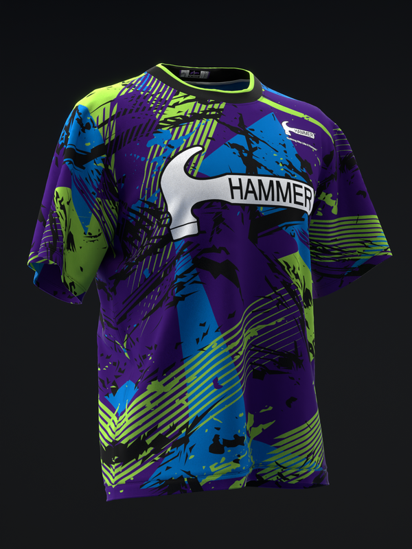Hammer bowling jersey front view with purple, blue, lime geometric and splatter pattern design