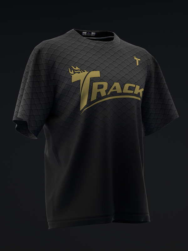Black bowling jersey with gold Track logo and quilted shoulder panel detail
