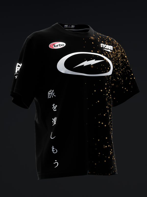 Black bowling jersey with white lightning logo and gold glitter gradient side panel