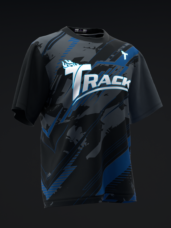 Black bowling jersey with blue geometric design and Track logo, front view