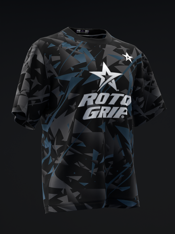 Black bowling jersey with blue and gray geometric pattern and white star logo