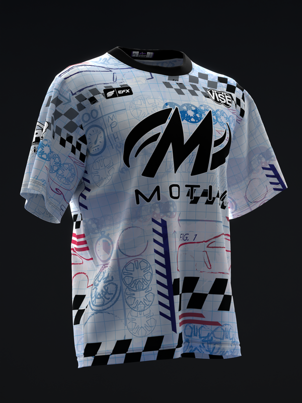 White bowling jersey with black and blue checkered pattern and automotive sketches throughout