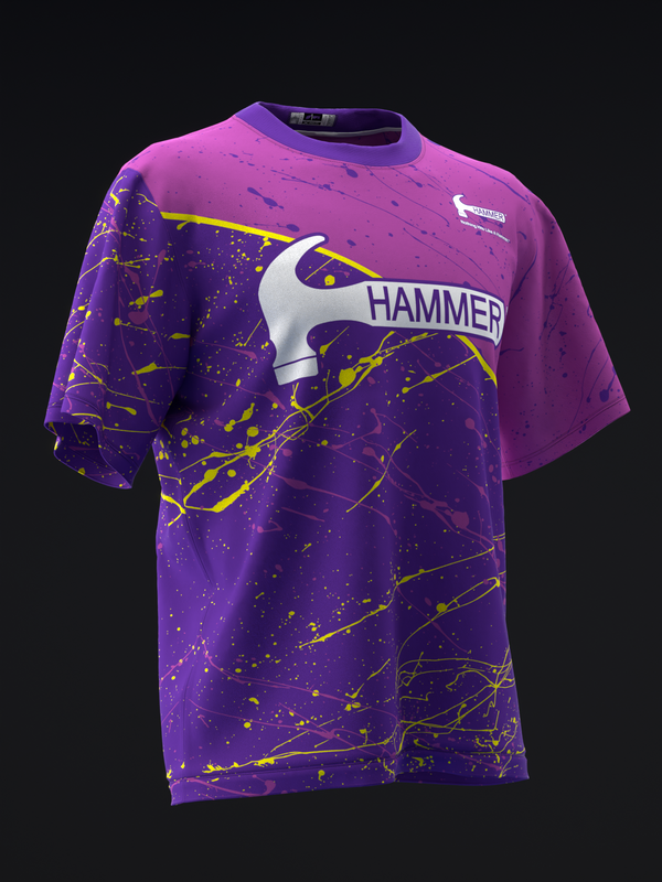 Purple bowling jersey with yellow splatter pattern and Hammer logo graphic on front