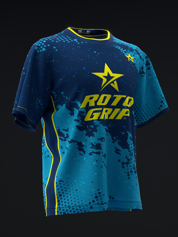 Blue bowling jersey with yellow star logo and Roto Grip text, front view