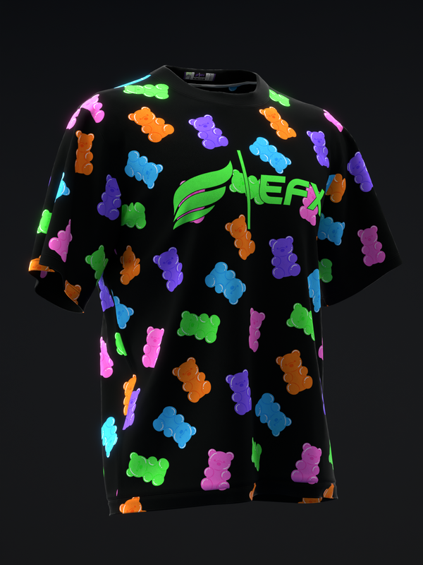 Black bowling jersey with neon gummy bear pattern and green leaf logo, front view