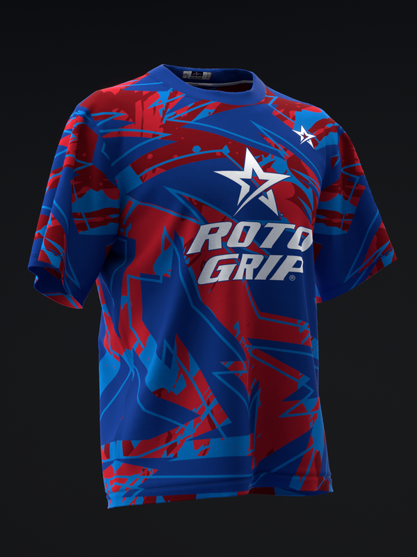 Blue and red bowling jersey with abstract geometric pattern and star logo