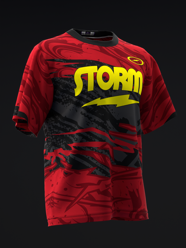 Red bowling jersey with black panels and yellow Storm logo with lightning bolt graphic