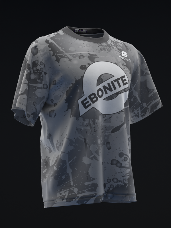 Ebonite bowling jersey with gray all-over splatter pattern and white circular logo front view