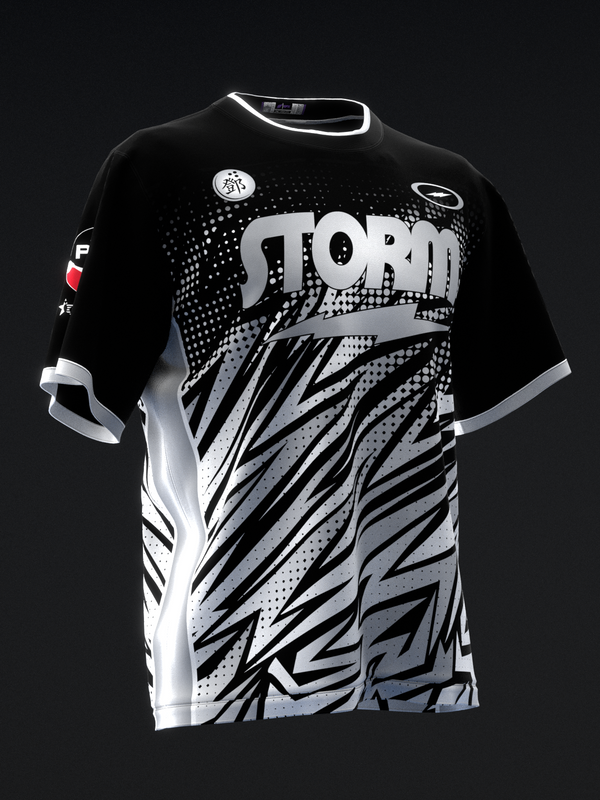 Black and silver bowling jersey with large Storm text and dynamic striped graphics