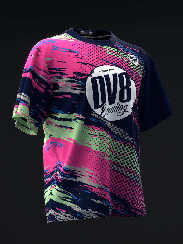 Front view of bowling jersey with neon pink, lime green, and navy colorblock design with halftone dots and distressed striping patterns, featuring DV8 Bowling logo on chest.