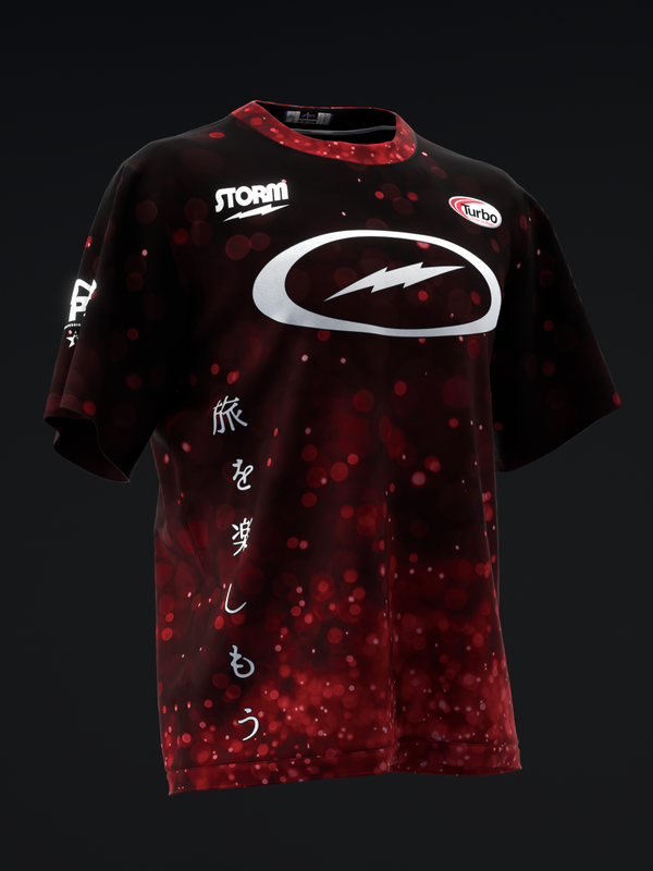 Black and red bowling jersey with large white logo and Japanese characters