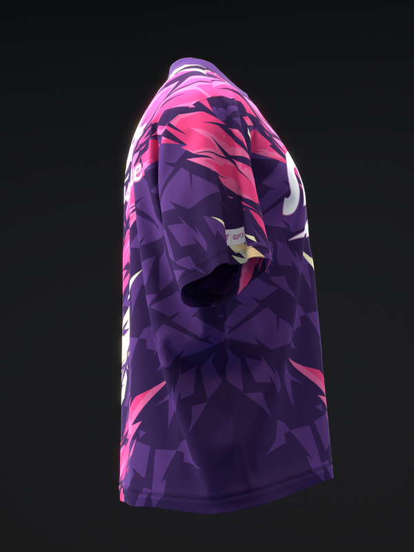 Purple and pink bowling jersey with abstract geometric pattern, side view