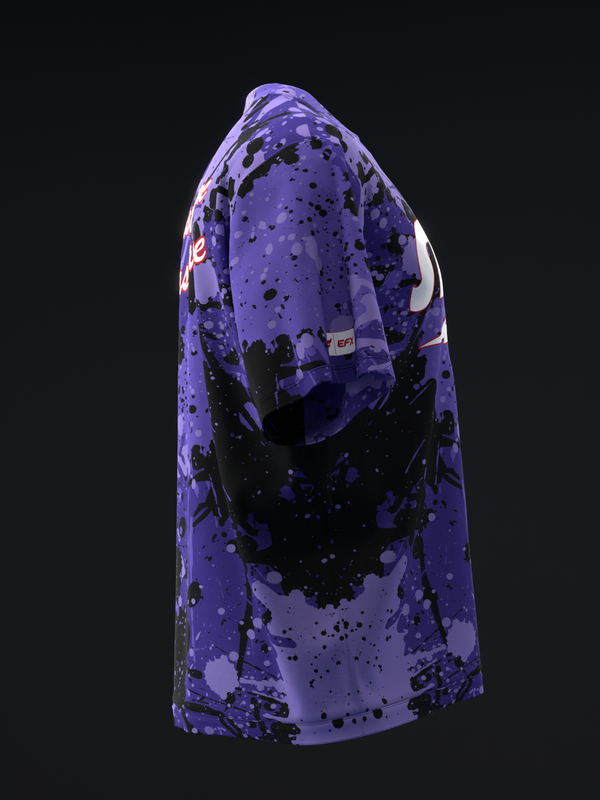 Purple bowling jersey with black paint splatter pattern, side view