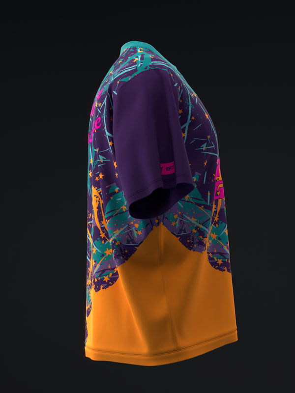 Purple bowling jersey with colorful geometric patterns and orange lower panel, side view