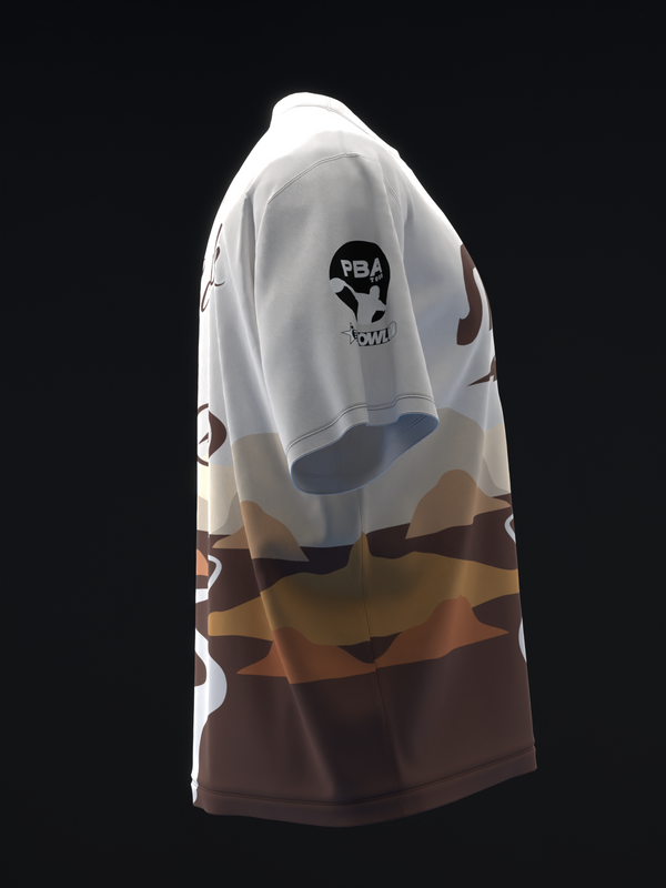 White and brown bowling jersey with landscape graphic design, side view