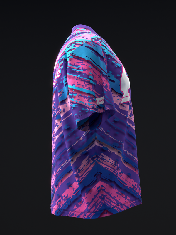 Purple and pink bowling jersey with abstract striped graphic pattern, side view