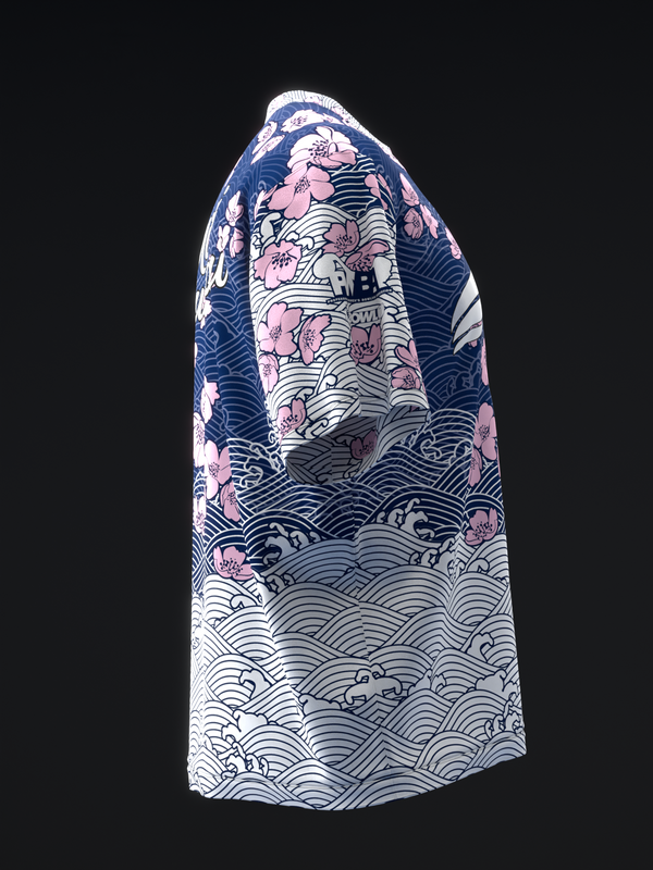 Navy and white bowling jersey with pink floral and wave pattern design