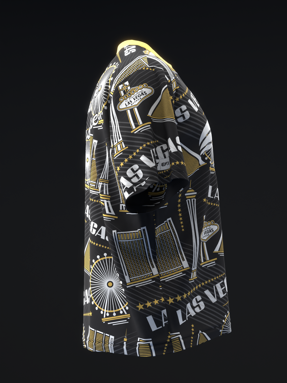 Black and gold bowling jersey with Las Vegas-themed geometric and architectural graphics