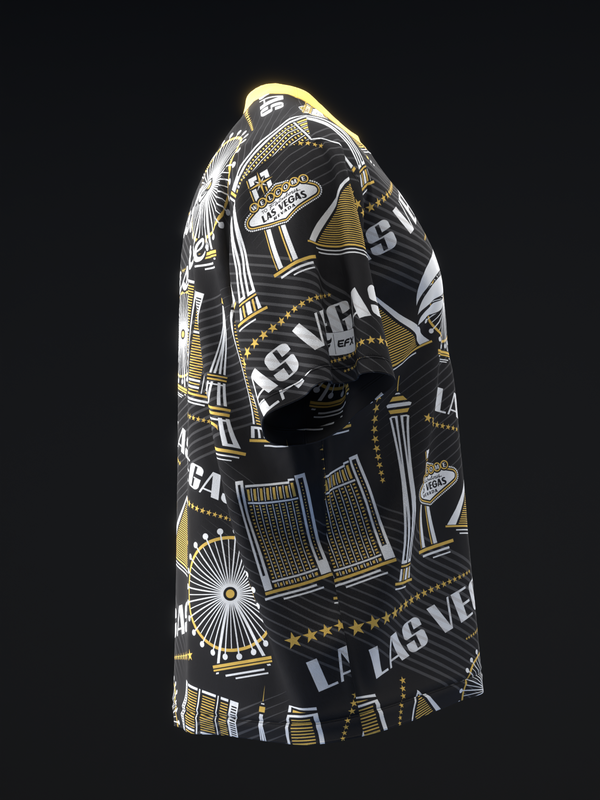 Black and gold bowling jersey with Las Vegas-themed geometric and architectural graphics