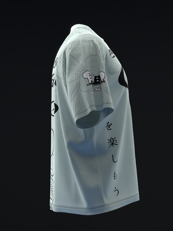 White bowling jersey with sage floral pattern and vertical Japanese characters on side