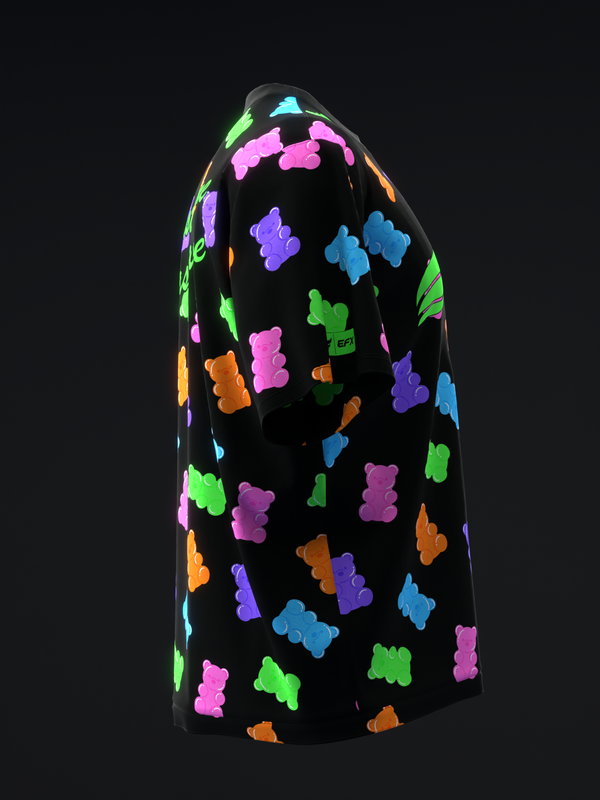 Black bowling jersey with neon gummy bear graphic pattern, front view