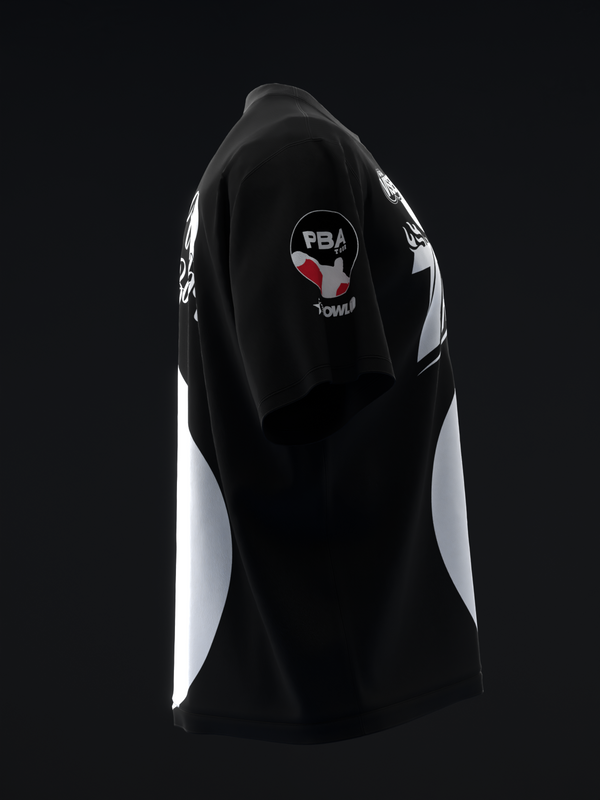 Black bowling jersey with white side panels and PBA logo on back
