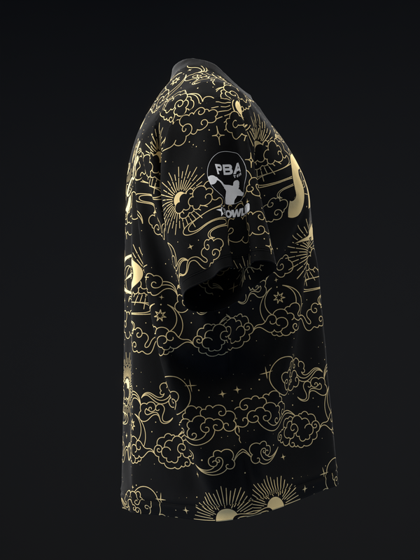 Black bowling jersey with gold celestial and cloud pattern design, front view