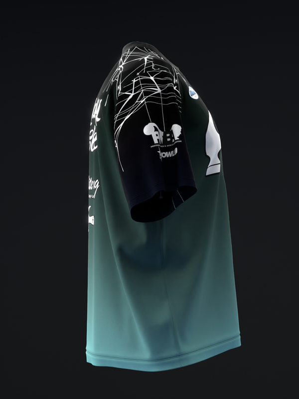 Teal bowling jersey with white spider web graphic and text on front