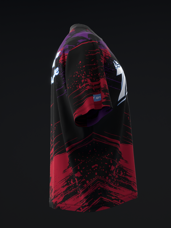 Black and red bowling jersey with abstract splatter and geometric design, side view