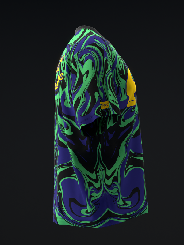 Bowling jersey with swirled neon green, purple, and blue pattern, side view