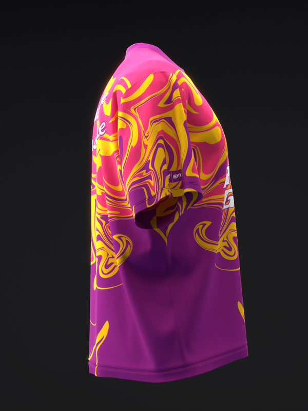 Bowling jersey with magenta and purple gradient, yellow and orange swirl graphic design