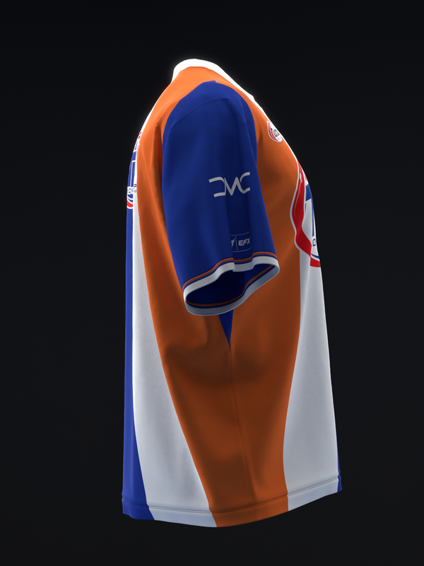 Bowling jersey with orange, white, and blue color-blocking and retro stripes