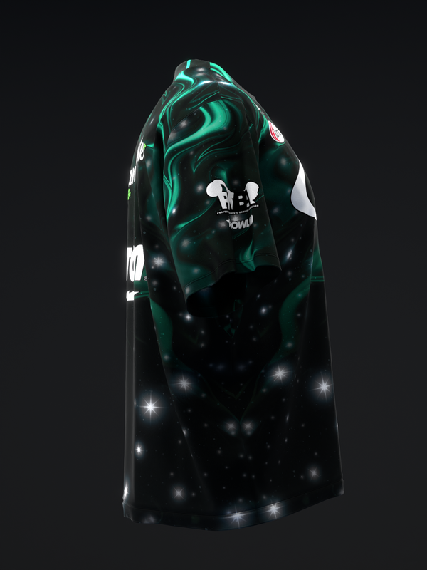 Black bowling jersey with teal swirls, white graphic, and sparkle details