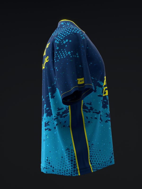 Navy and turquoise bowling jersey with gradient dotted pattern and yellow trim