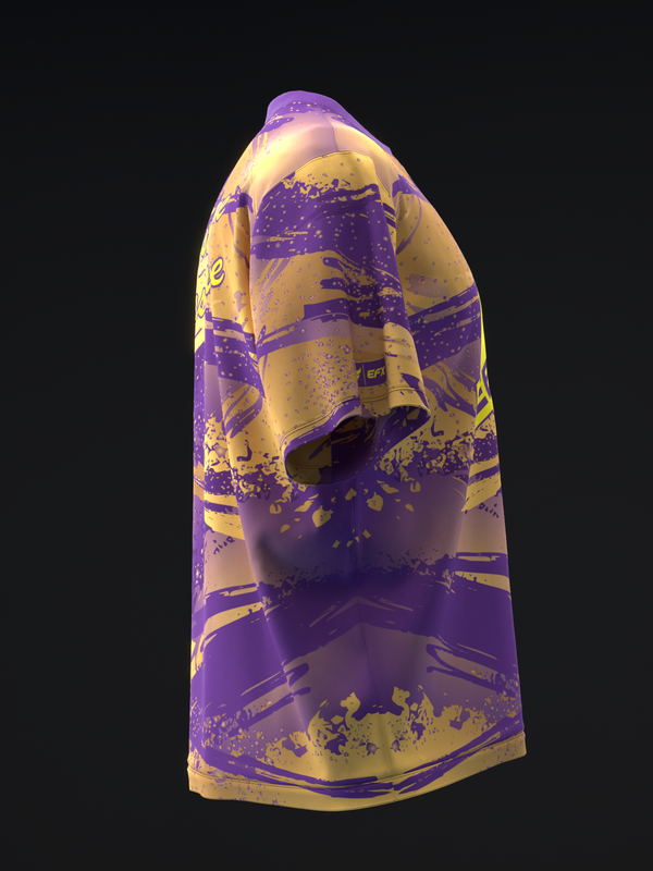 Purple and gold bowling jersey with abstract splatter graphic design detail