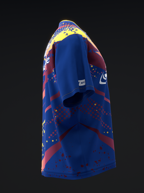 Blue bowling jersey with red and yellow geometric pattern, side view