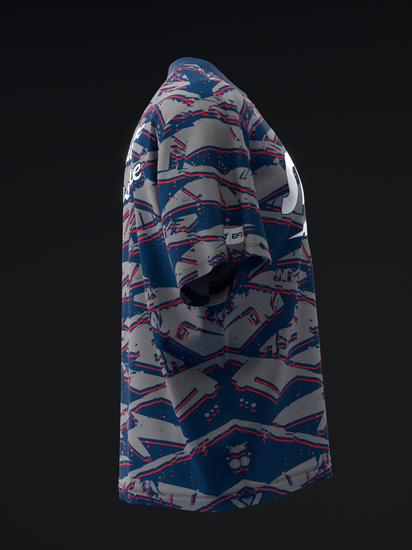 Bowling jersey back view with blue, red, and white geometric pattern design
