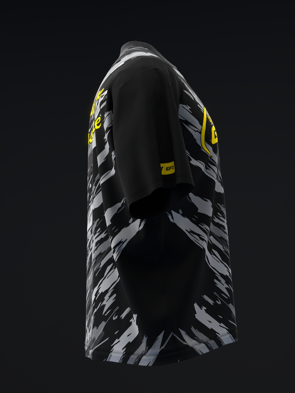 Black bowling jersey with gray and white striped sleeves and yellow text detail