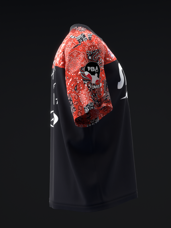 Black bowling jersey with red ornamental patterned panel on back shoulder area