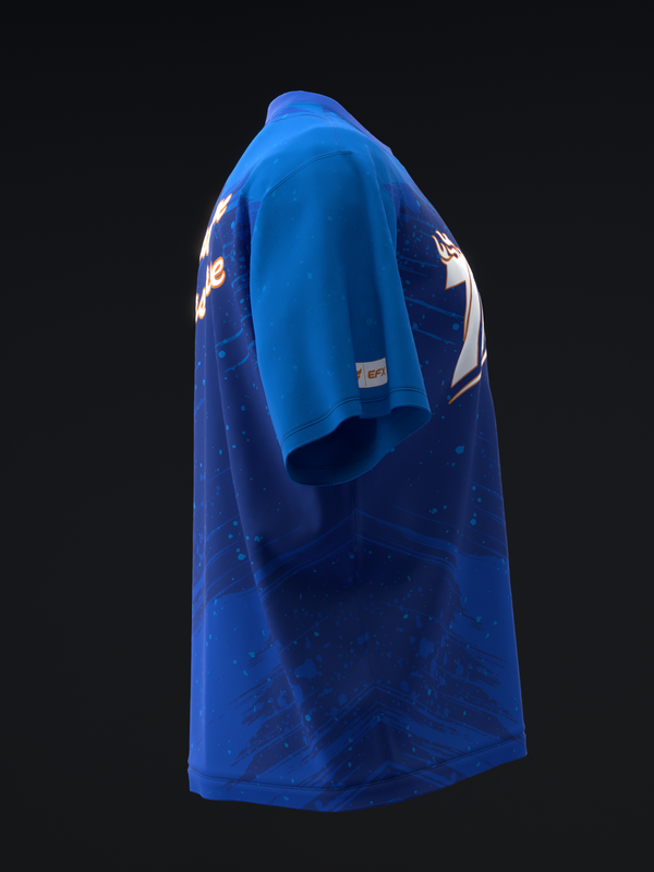 Blue bowling jersey with white and yellow graphic design, side view