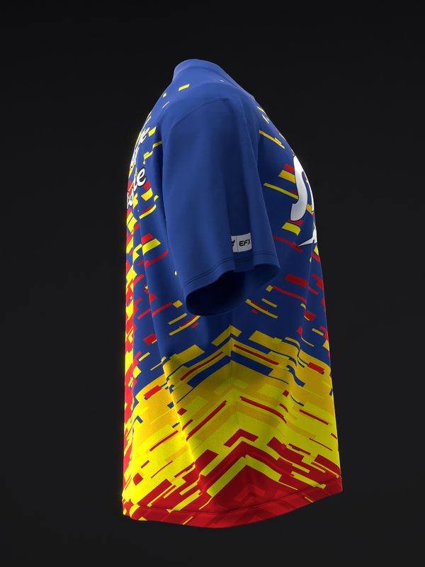 Blue bowling jersey with yellow, red, and geometric DNA helix pattern