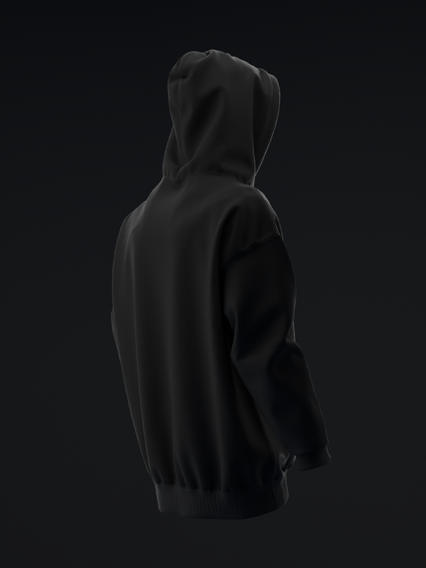 Black pullover hoodie shown from the back view, solid design