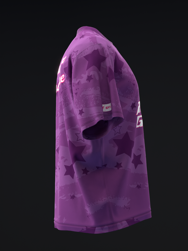 Purple bowling jersey with all-over star pattern, side view