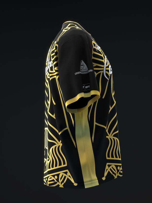 Black bowling jersey with gold geometric line pattern, front view detail