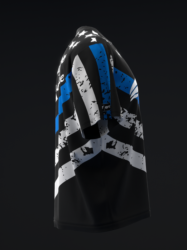 Black bowling jersey with blue and white geometric design and portrait graphic
