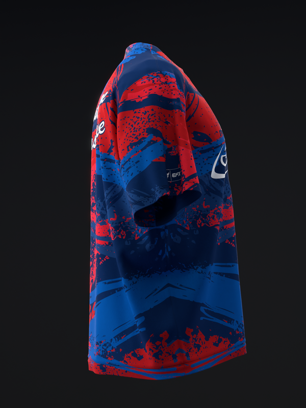 Bowling jersey with red and blue splatter pattern design, side view