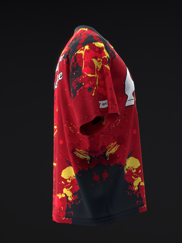 Red bowling jersey with yellow and black splatter paint design, side view