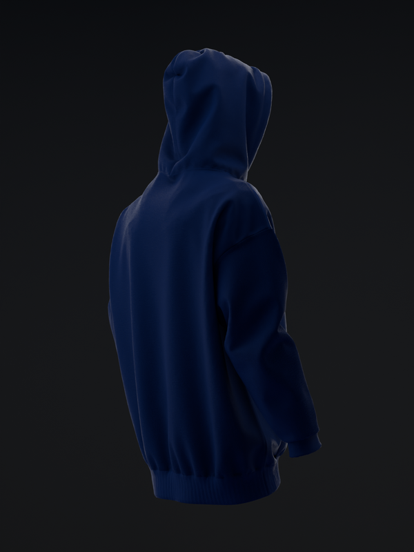 Navy blue pullover hoodie with drawstring, back view against dark background