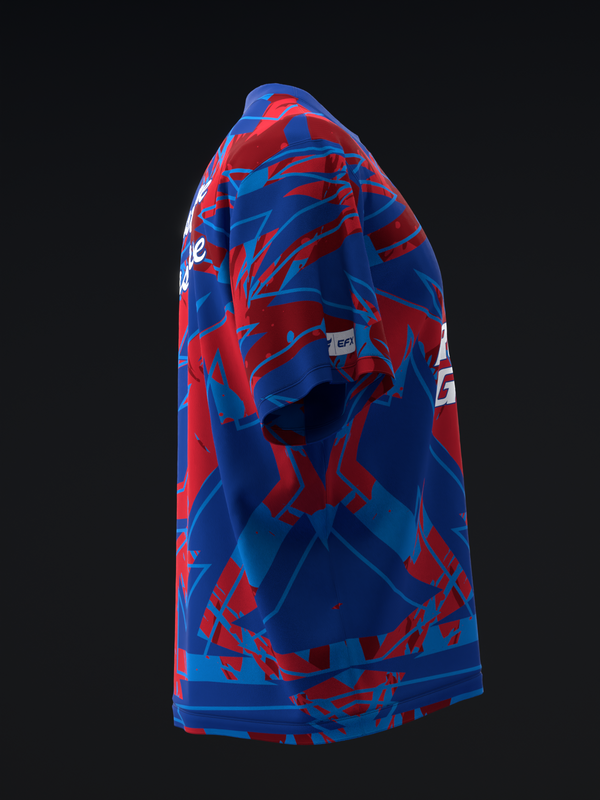 Blue and red abstract patterned bowling jersey, back view on mannequin